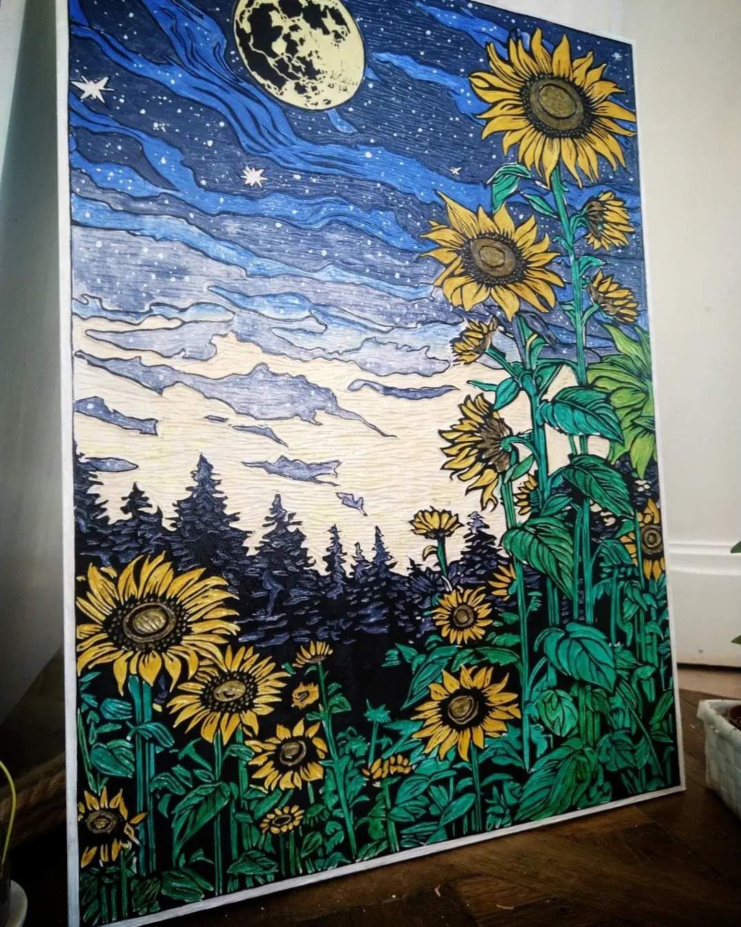 Tablou sculptat in lemn pictura Floarea soarelui 70x51 cm