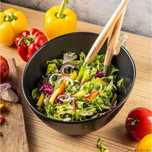Bol de salata din ceramica, 23.5 cm, negru, cu un set de linguri cu