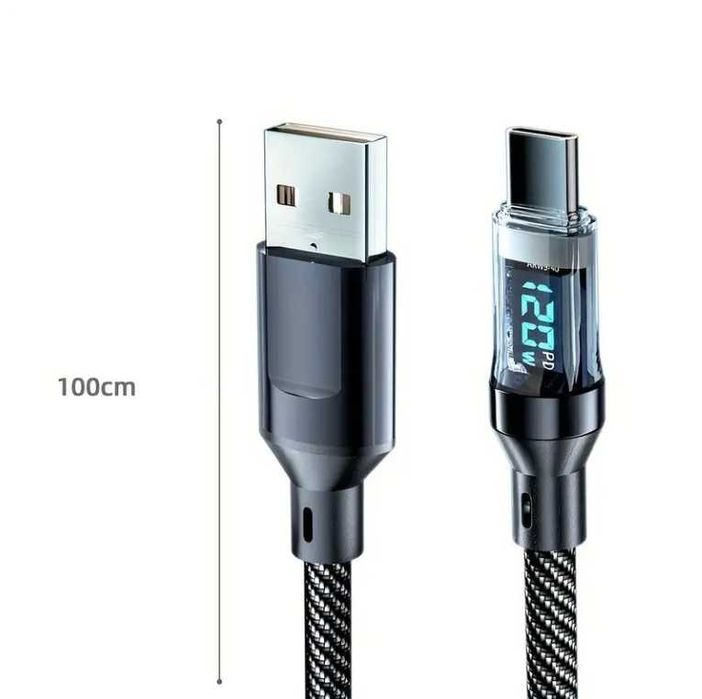 Cablu date type C+USB, incarcare rapida, 120W + afisaj digital led, 1M