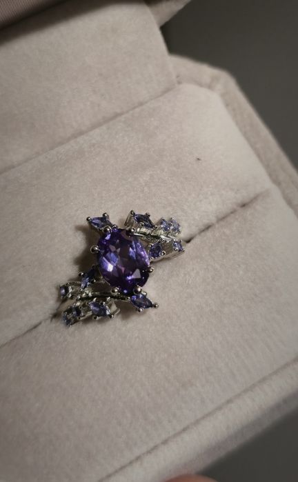 Inel de logodnă,,Frunză de Zână" din Argint 925 cu Alexandrit și Safir