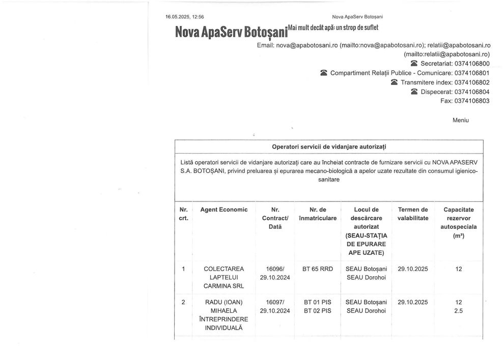 Servicii vidanjare JUDETUL BOTOSANI(in toate satele,comunele)