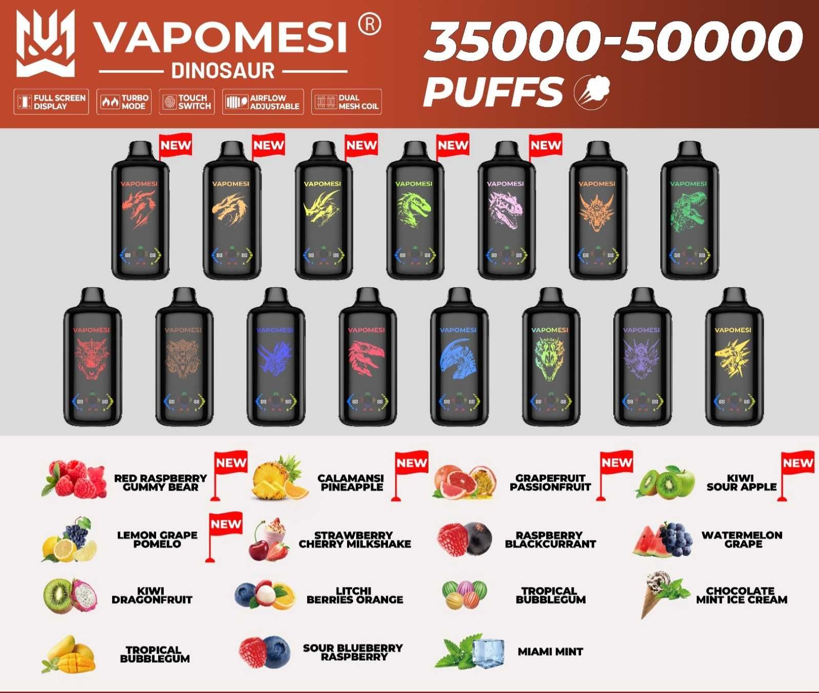 Vape Vapomesi Dinosaur 50.000 puffs Touch Screen - Miami Mint