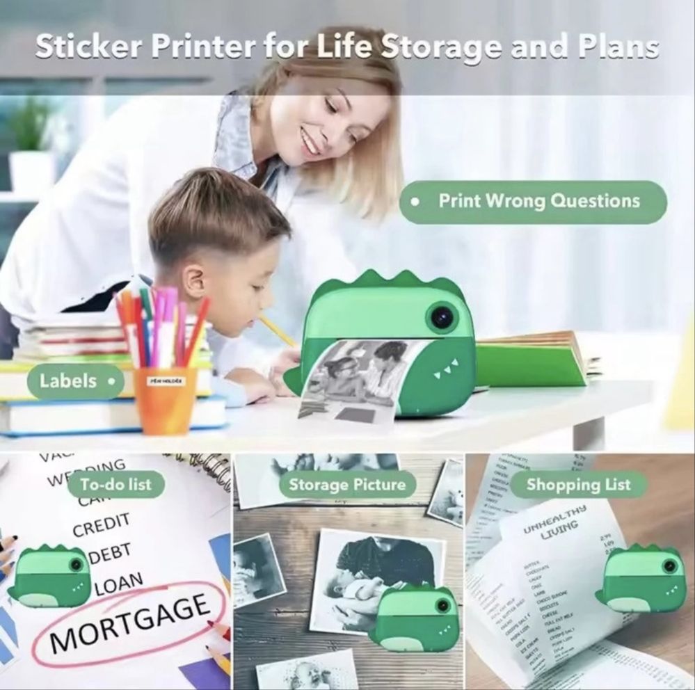 Camera pentru copii foto video, cu imprimare imediata, verde, NOUA