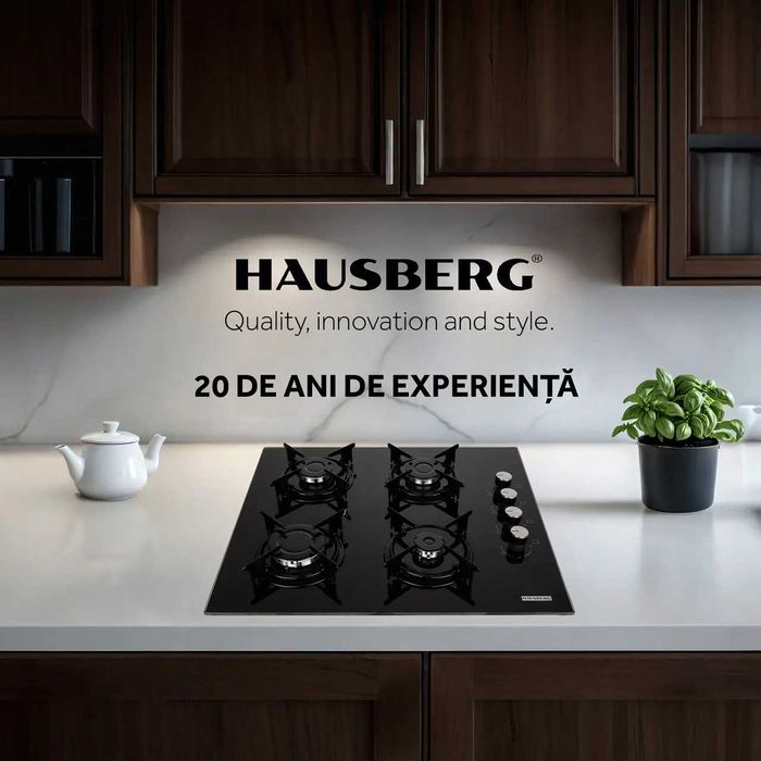 Plita incorporabila Hausberg HB-563, Gaz, 4 arzatoare, Sticla, Negru