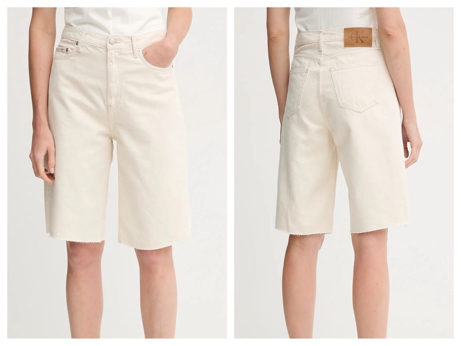 Calvin Klein Jeans бежови широки бермуди с лен и кроп топ рипс