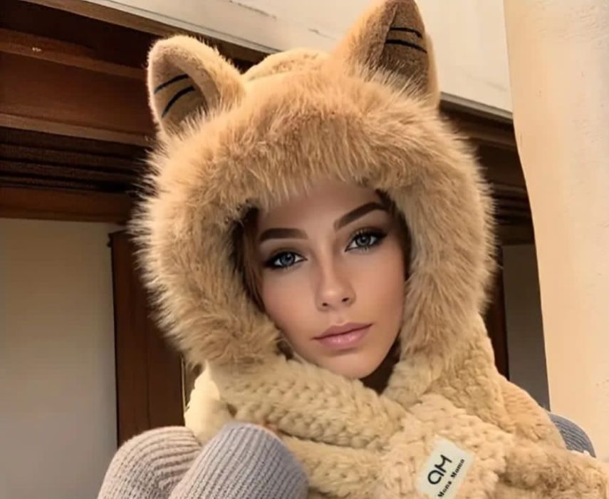 Căciulă cu blană textilă și fular model vulpiță  Nouă