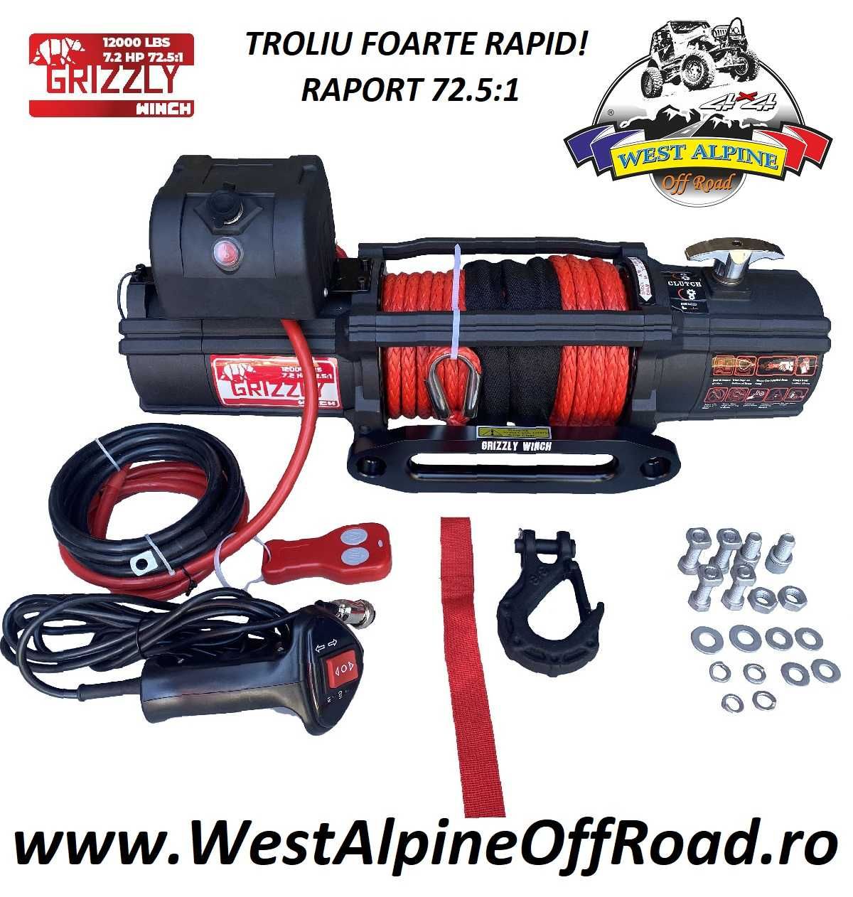 TROLIU GRIZZLY WINCH 12000LBS (5454KG) RAPORT 72.5:1 cu sufa sintetica