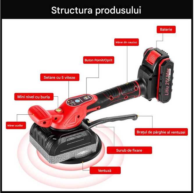 Vibrare, vibrator gresie ceramica 5 viteze, ventuza 130mm Nou ambalat!