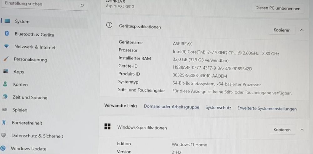 Acer Aspire VX5-519G/Intel i7/1TB SSD/16GB RAM/Windows 11