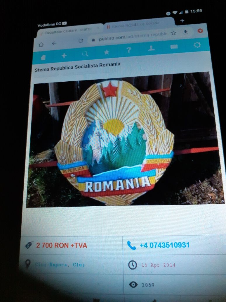 Stema România socialistă/RSR/vintage,fibră sticlă /65x55 cm