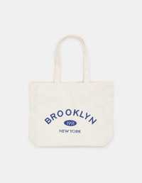Текстилна чанта Sinsay тип shopper, кремава, с цип, пазарска чанта ли