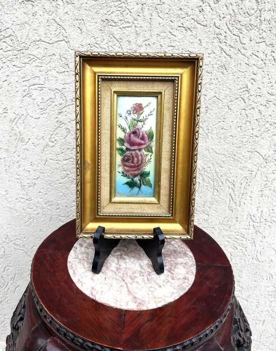 Deosebit tablou-portelan emailat-trandafiri-Limoges-Franta