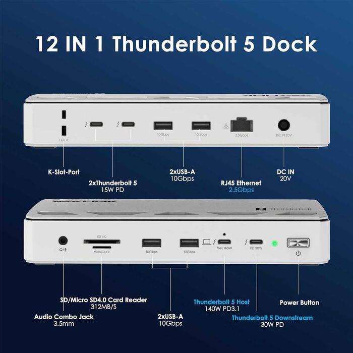 WAVLINK Thunderbolt 5 Dock, 12-в-1 TB5 докинг станция, 8K дисплей