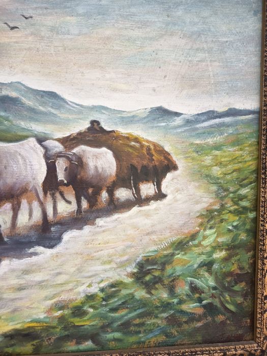 Tablou Vechi Romanesc "Car Cu Boi" Pictat