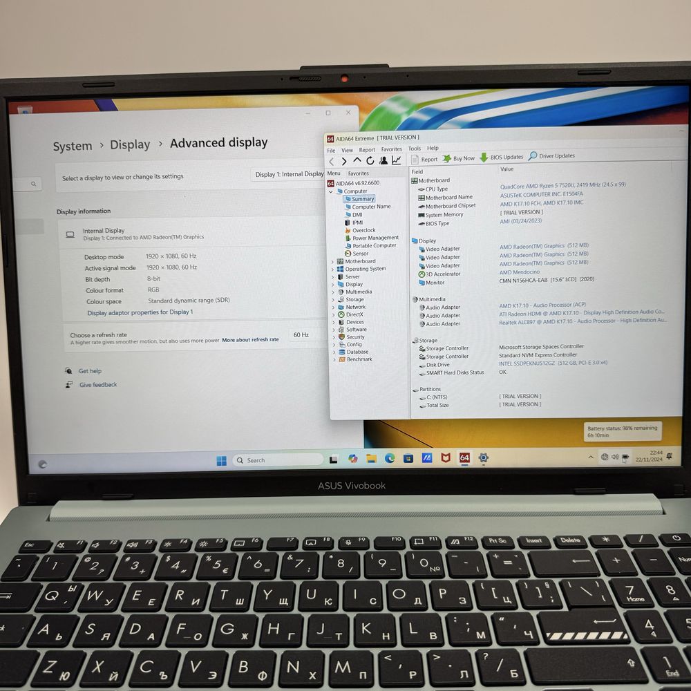 Asus VivoBook 15/Ryzen 5 7520/8GB LPDDR5 5500MHz/512GB NVMe