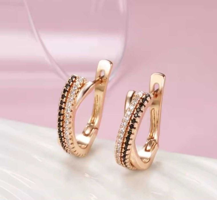 GP20, cercei placati aur 14k,incuietoare sigura,zirconiu alb/negru