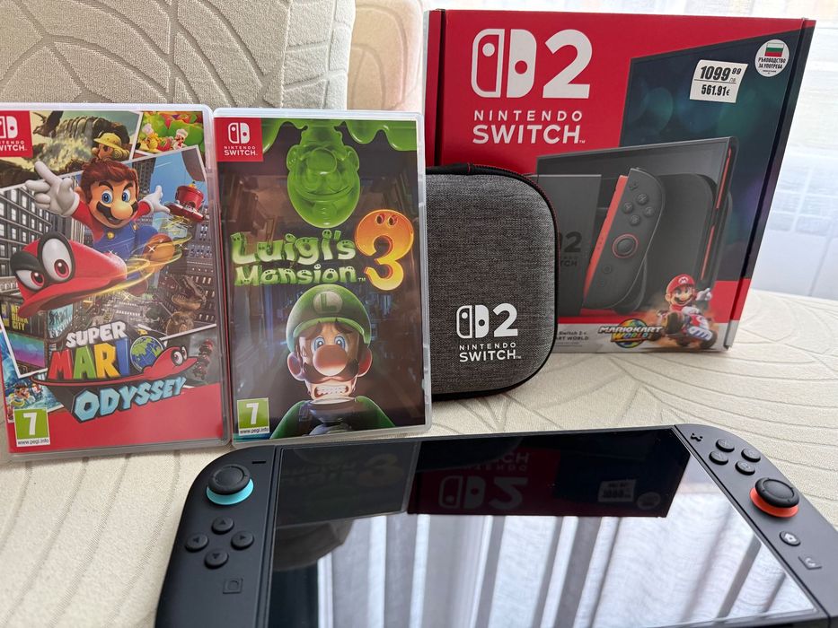 Nintendo Switch 2 + 3 игри, калъф и залепено стъкло