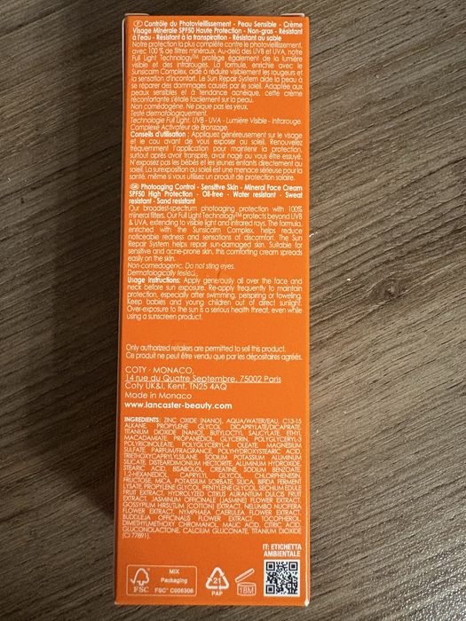 Слънцезащитен крем за лице Lancaster sun beauty sensitive skin spf 50