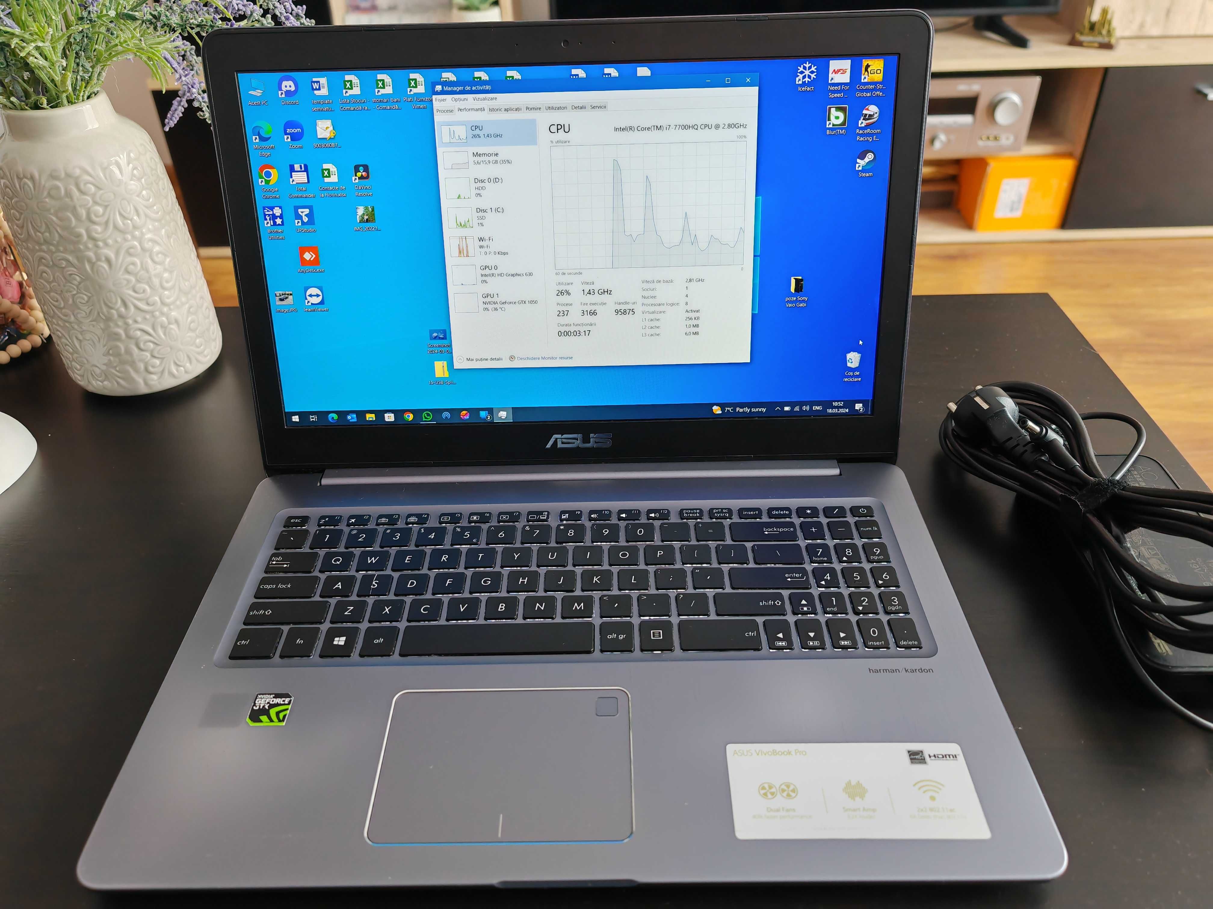 Laptop Asus VivoBook Pro N580V, I7-7700HQ, 16Gb ram, GTX1050, gaming