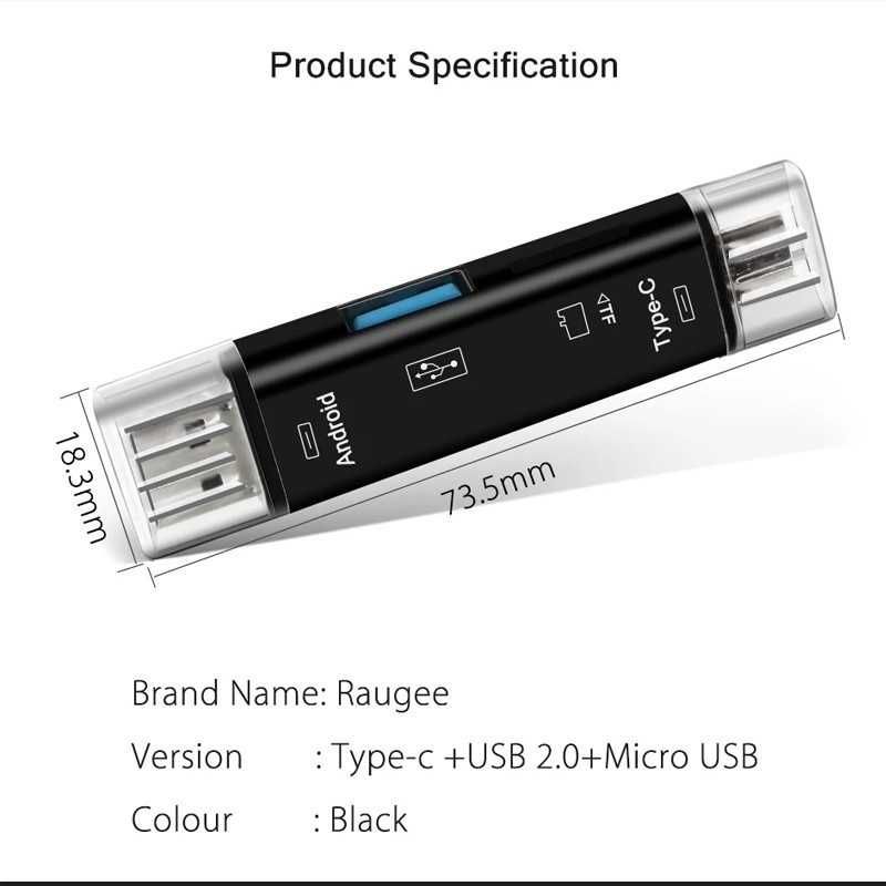 Универсален Четец на карти 5 в 1, USB, Type C, Micro USB, SD TF, OTG