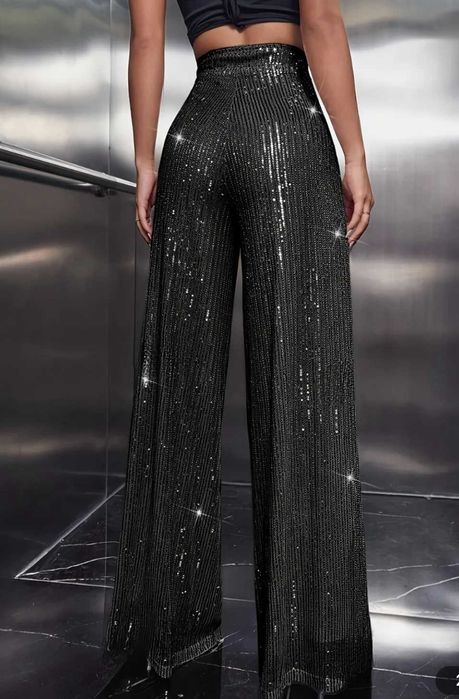 Черен Панталон с  Висока Талия и Пайети