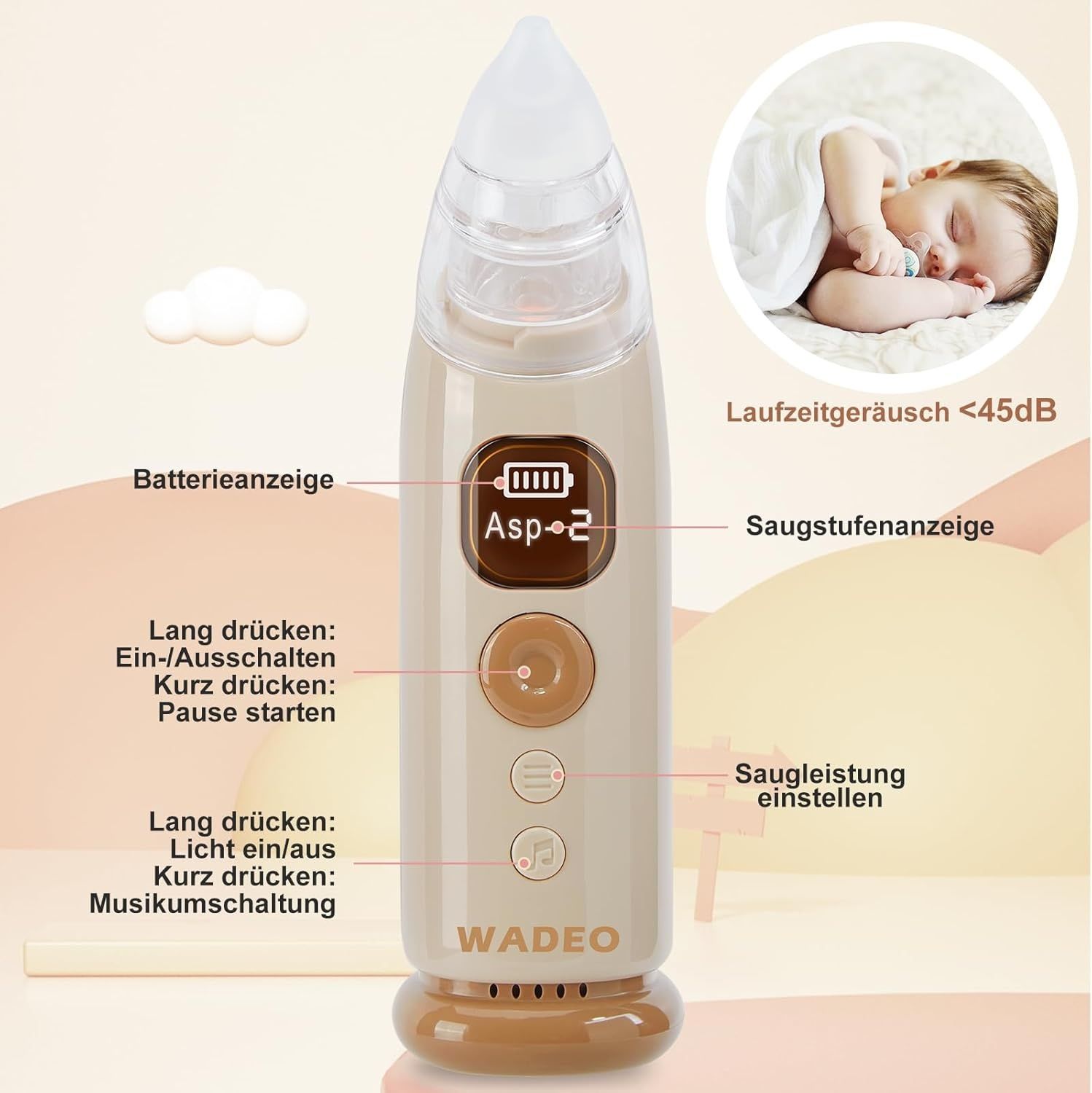 Акумулаторен назален аспиратор за нос, LCD дисплей, музика, светлини