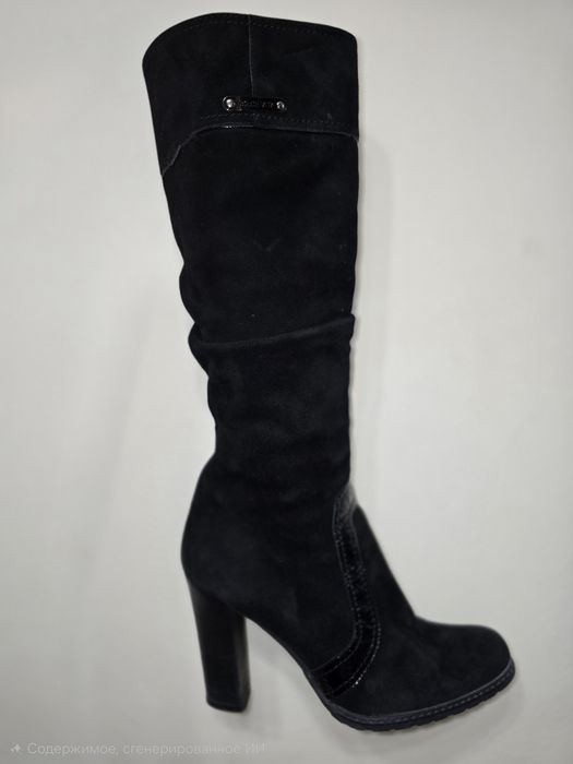 Замше-кожанные зимние сапожки на каблуке, чёрные.