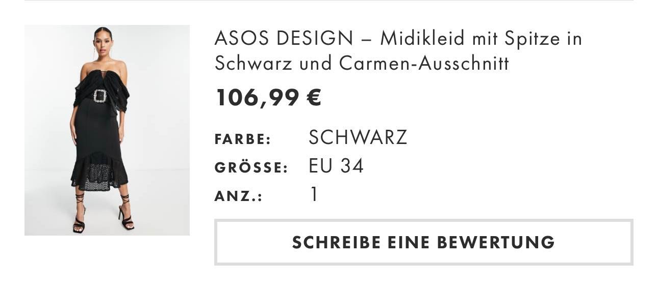ASOS DESIGN – Черна рокля под коляното с дантела и кармен деколте 34