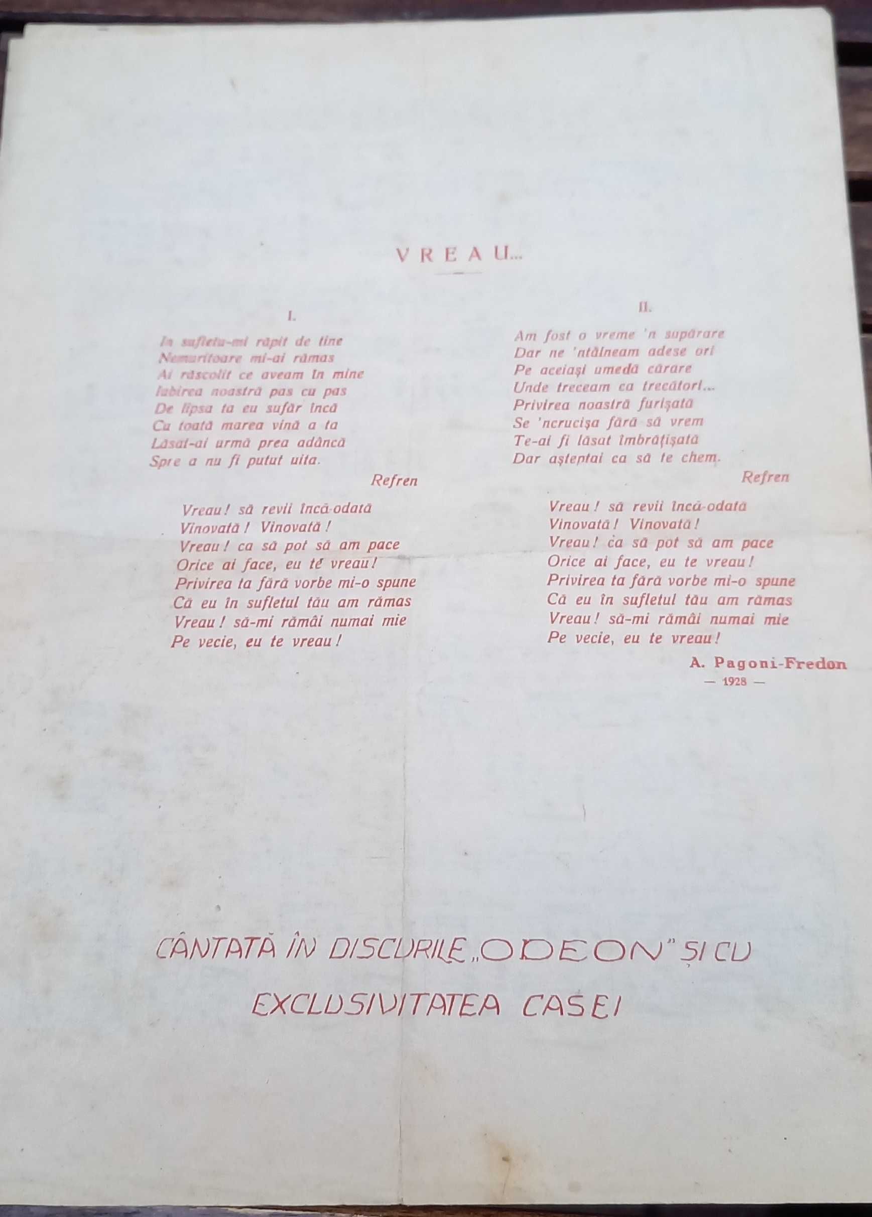 Partitura interbelica (1928) romanata "Vreau"-  Alfred Pagoni Fredon