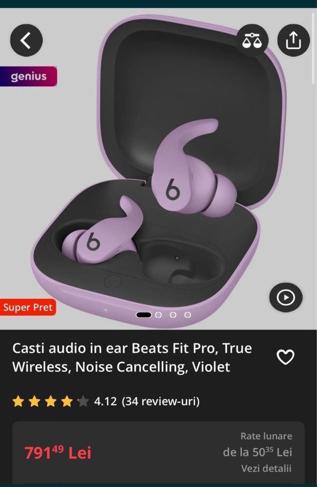 Casti audio in ear Beats Fit Pro, True Wireless, Noise Cancelling Noi