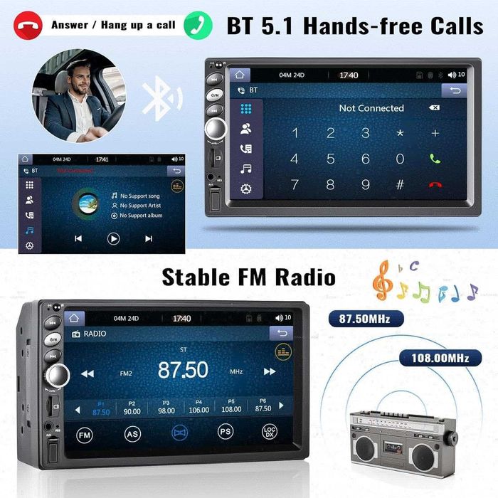 Радио за кола с двоен дин с CarPlay Android Auto CAMECHO 7-инчово