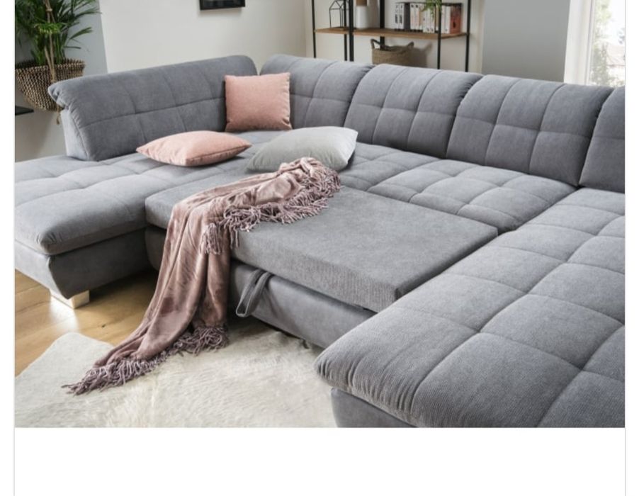 СИВА П-ОБРАЗНА ХОЛНА ГАРНИТУРА  с дясна лежанка и функция сън