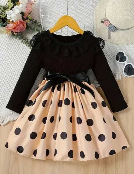 Элегантное платье для девочек в горошек с кружевной отделкой