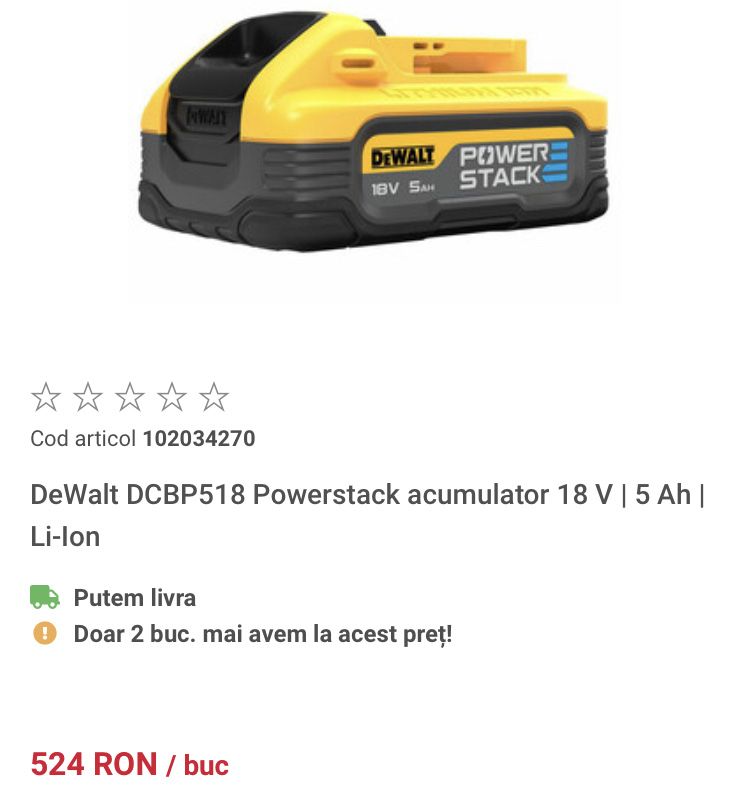 Dewalt acumulator 5Ah POWERSTACK baterie DCBP518 18V /Li-Ion / Nou