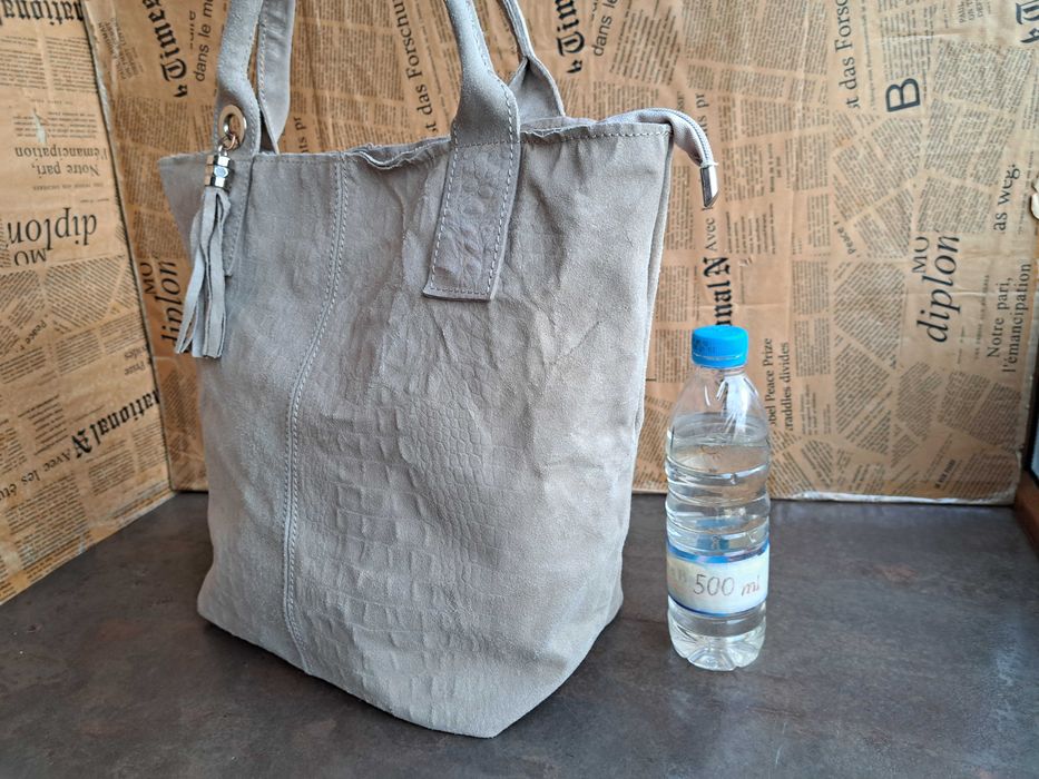 дамска чанта бежова,велурена торба-естествена кожа