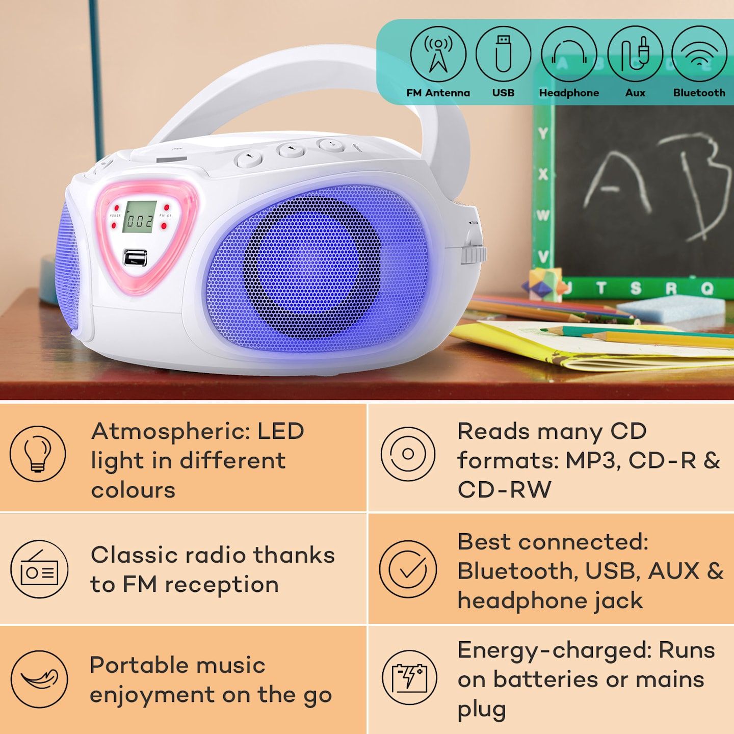 Boombox  радио, Светлинно шоу, CD плейър, Bluetooth 5.0