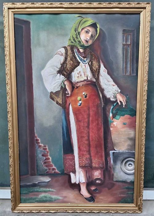 Tablou vechi - tarancuta cu ulcior - semnat N. Musatescu