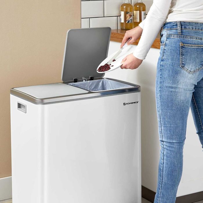 Cos gunoi dublu SONGMICS, 2x30L, cu pedale si galeata detasabila, alb