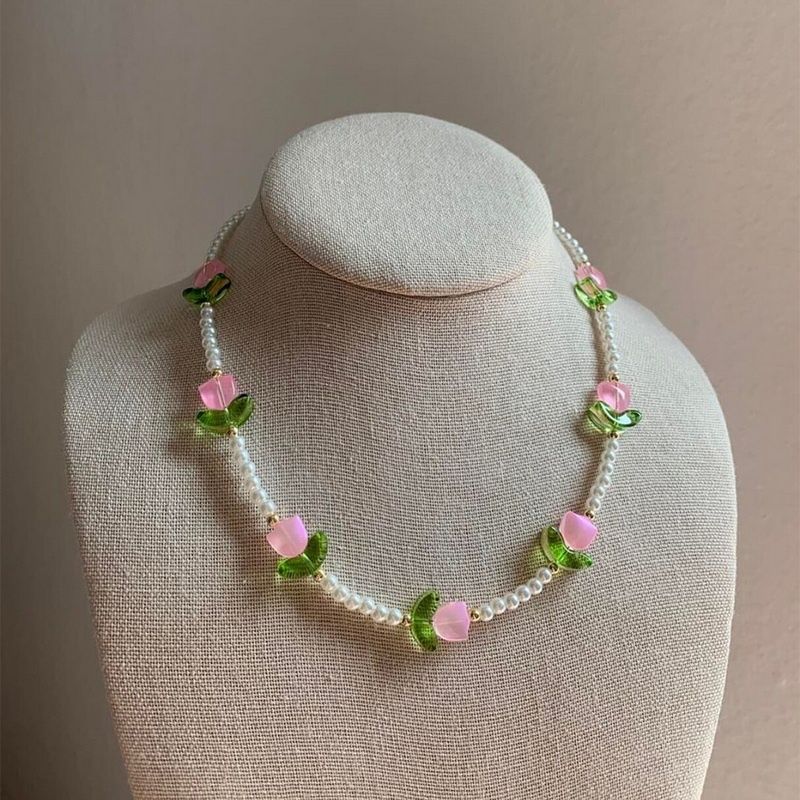 Colier lalele roz perle choker margele tip Pandora Swarovski dupe