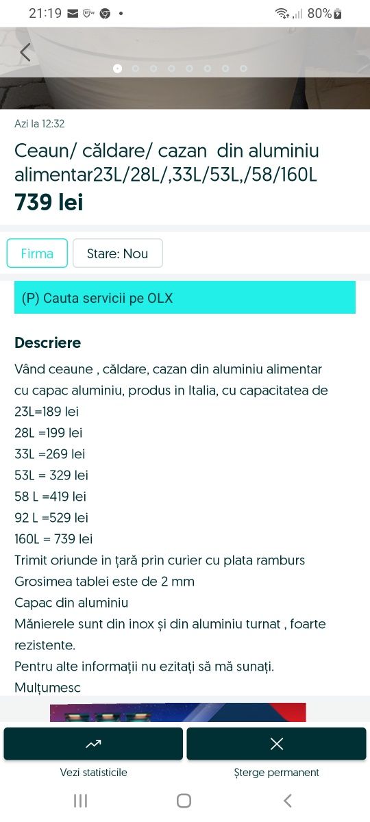 Ceaun,căldare,cătlan, tuci din aluminiu 55L  promo 279 Lei