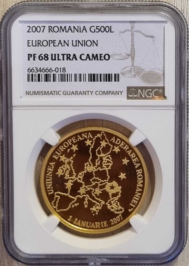 Moneda BNR 500 lei aur, aderarea Romaniei la UE, gradata NGC PF 68
