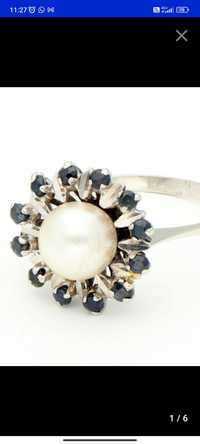 Inel aur alb 18ct cu perla și safire