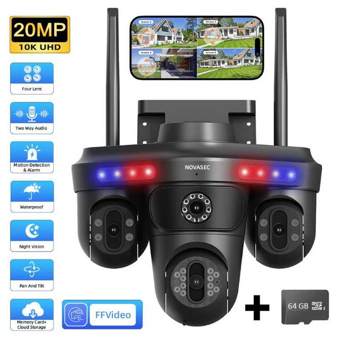 Camera de Supraveghere WiFI, 4 Camere, 20MP, Exterior/Interior, Alarma