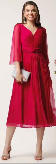 Rochie midi magenta din matase naturala, maneci evazate hand made