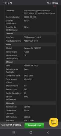 Placa video Sapphire Radeon RX 7800 XT PULSE 16 gb