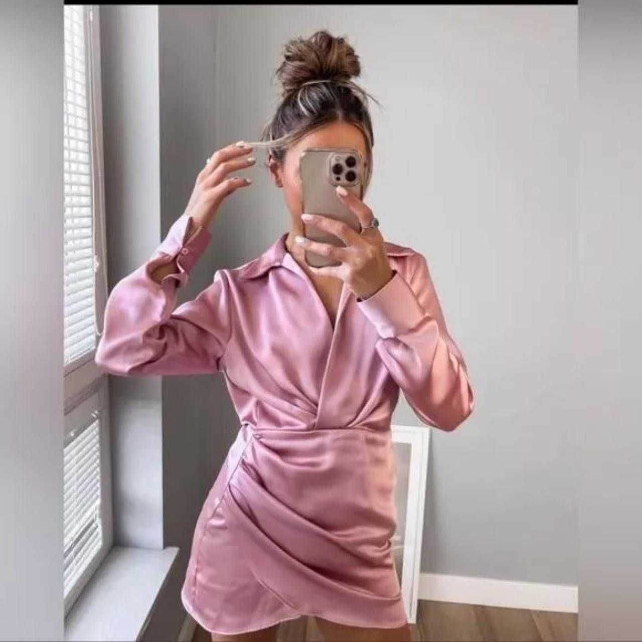 Zara rochie satin roz pudra mini scurta decolteu