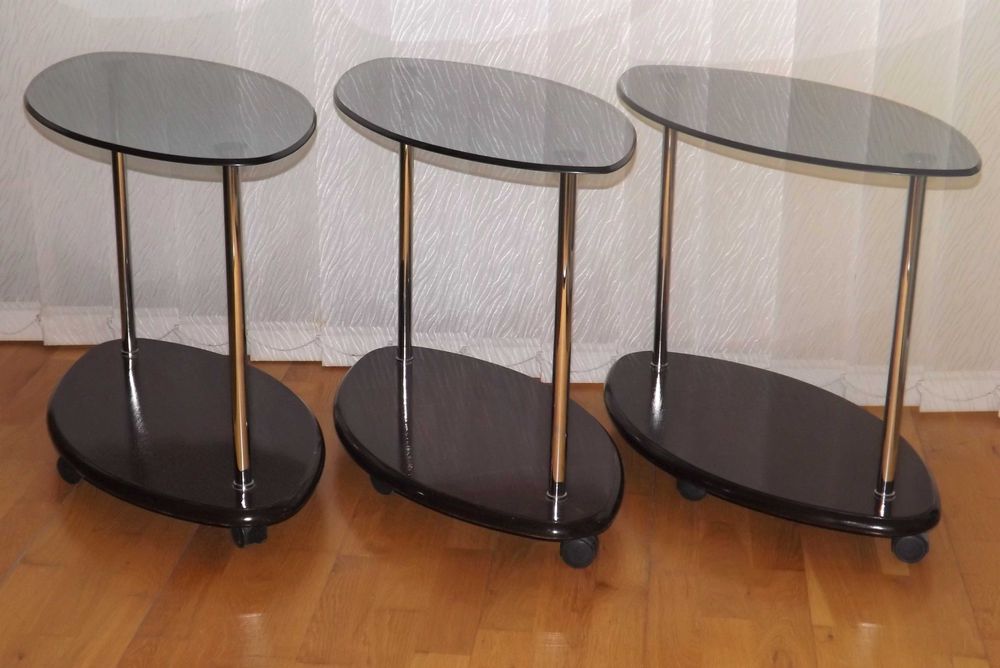 Set 3 masute de cafea pe rotile - sticla, inox, lemn - practice, NOI