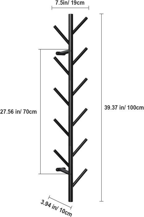 Cuier perete metalic, 100 cm, 11 carlige, negru