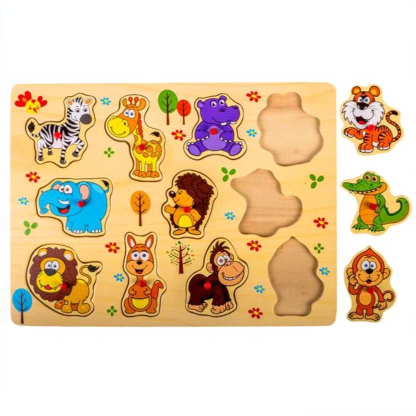 Puzzle educativ Animale Jungla cu butoni, 11 piese, 30x22 cm