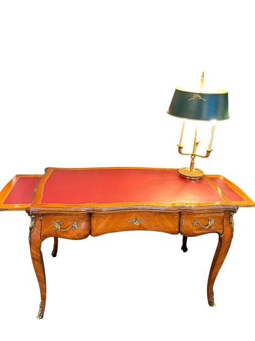 Birou franțuzesc Louis XV din lemn cu piele roșie și extensii laterale